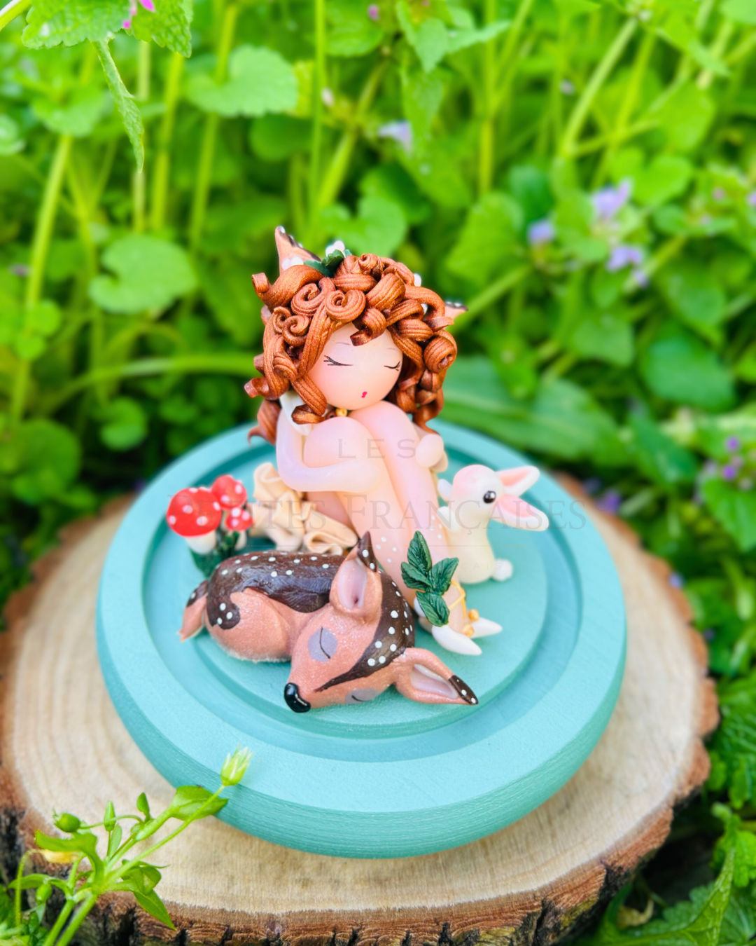 Ombeline, poupée artisanale française de collection entièrement façonnée à la main en France en pâte polymère cernit. Création unique Les Petites Françaises, réalisée dans mon atelier près de Provins en Seine-et-marne. Figurine de collection issue de l'artisanat d'art français. Univers féérique inspiré des contes et légendes, avec des détails évoquant les maisons de poupées et le merveilleux et les créatures fantastiques.
